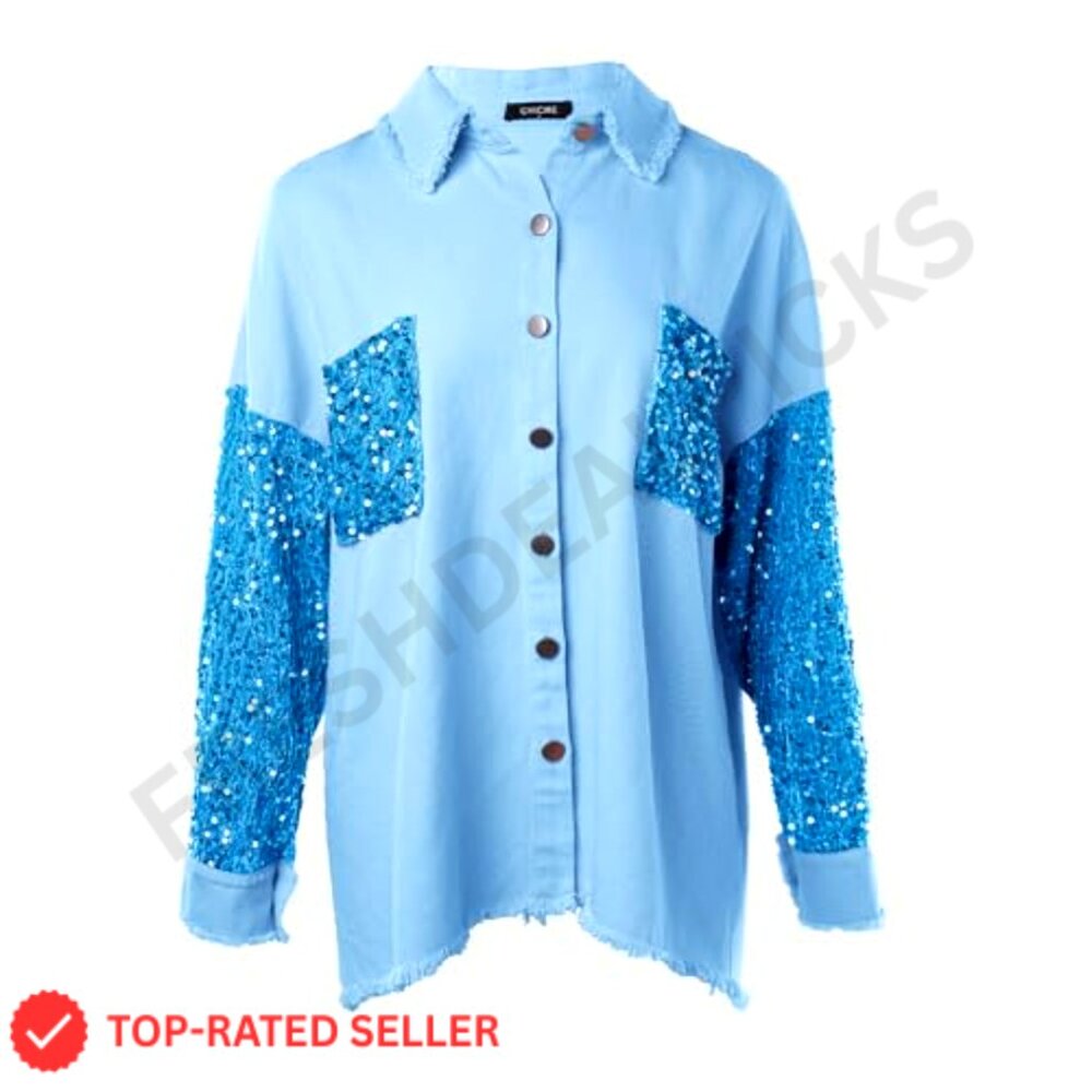 Oversized Denim Shacket Sequin Patchwork Long Sle… - image 5